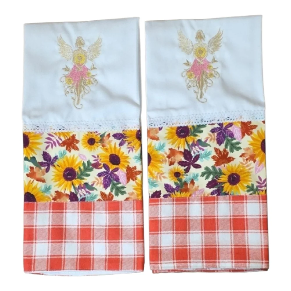 Handcrafted Embroidered Floral Angel Tea Towels Set 2 18
